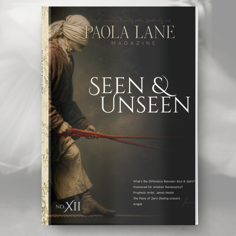 Magazine cover titled Seen & Unseen with a robed figure gripping a red rope against a dark background.